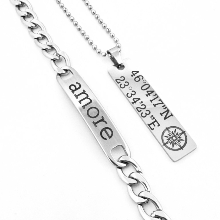 Set Lanț și Brățară cu Plăcuță pentru Bărbați, Personalizate Text, din Oțel Inoxidabil [1]