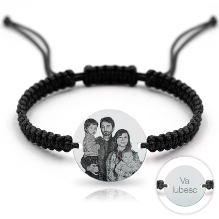 Bratari personalizate cu poza - Brățară Argint Bărbați cu Bănuț Personalizat cu Poză și Text, Șnur Negru Reglabil (18mm)