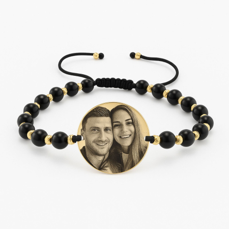 Bratari Argint Personalizate - Brățară Personalizată Text - Pietre Onix, Bănuț și Biluțe Argint 925, Placată Aur 24K