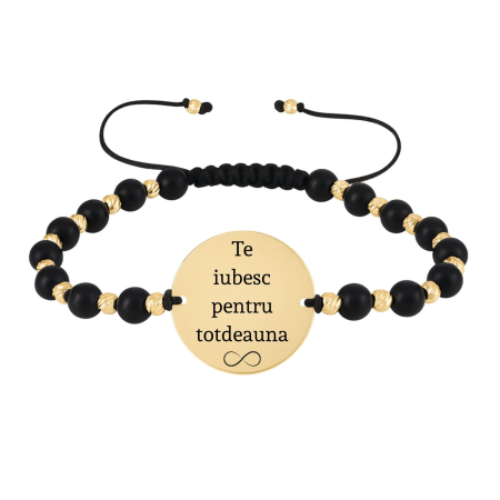 Bratari Argint Personalizate - Brățară Personalizată Text - Pietre Onix, Bănuț și Biluțe Argint 925, Placată Aur 24K