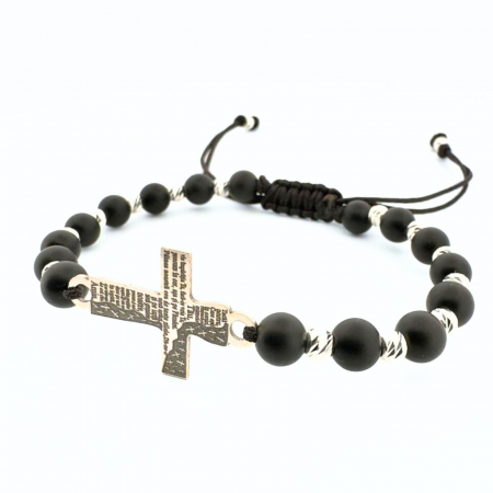 Bratari personalizate cu nume / text - Brățară Argint Bărbați cu Bile, Cruciuliță Gravată cu Rugăciunea Tatăl Nostru, Pietre Onix și Șnur Reglabil