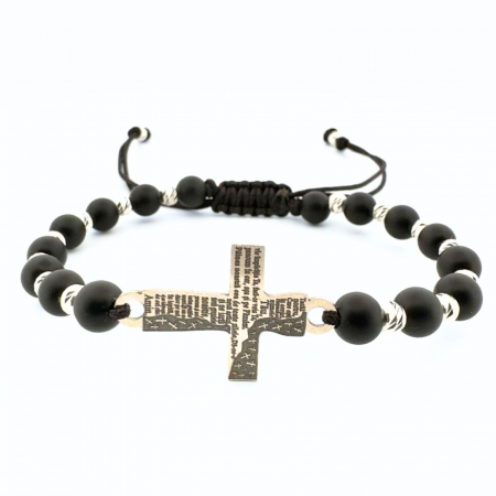 Bratari personalizate cu nume / text - Brățară Argint Bărbați cu Bile, Cruciuliță Gravată cu Rugăciunea Tatăl Nostru, Pietre Onix și Șnur Reglabil