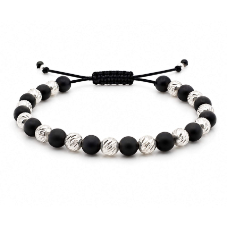 BRATARI - Brățară Argint Bărbați cu Onix Mat și Bile Argint 6mm, Șnur Reglabil