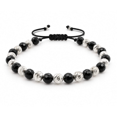 BRATARI - Brățară Argint Bărbați cu Onix Fațetat și Bile Argint 6mm, Șnur Reglabil