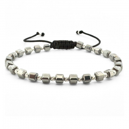 Bratari argint cu pietre - Brățară Argint cu Șnur, Hematit Gri Cuburi și Biluțe Striate 2.5 mm, Unisex
