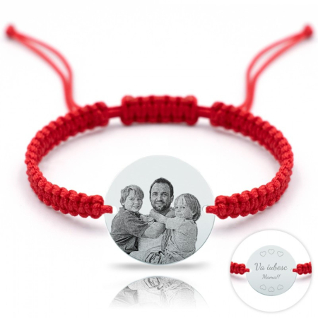 Bratari personalizate cu poza - Brățară Argint Damă cu Bănuț Personalizat cu Poză și Text, Șnur Roșu Reglabil (18mm)