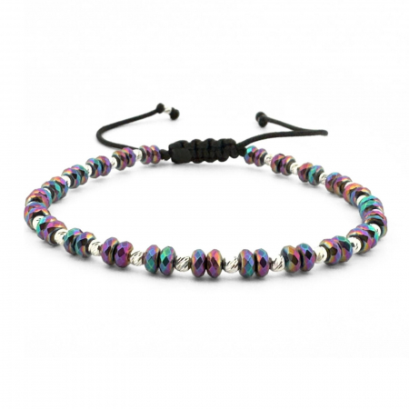 Bratari argint cu pietre - Brățară Argint Damă cu Șnur, Hematit Discuri Fațetate Multicolor și Biluțe Striate 2.5 mm