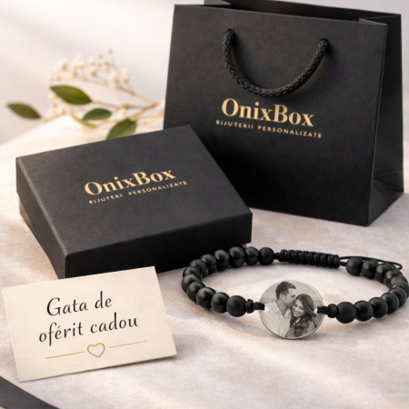 Brățară Bărbați Personalizată cu Poză – Bănuț Argint 925, Pietre Onix 6mm, Șnur Reglabil [2]