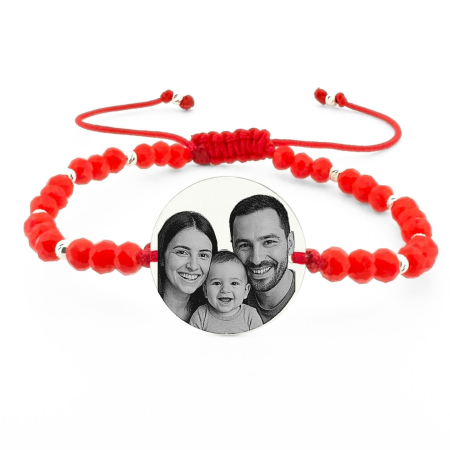 Bratari personalizate cu poza - Brățară Argint Personalizată cu Poză și Mesaj, cu Șnur Reglabil, Cristale Roșii 4mm, Bănuț 18 mm