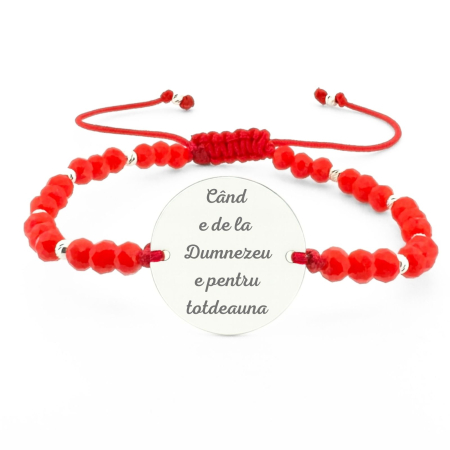 Bratari personalizate cu nume / text - Brățară Argint Personalizată Text, cu Șnur Reglabil, Cristale Roșii 4mm, Bănuț 18 mm