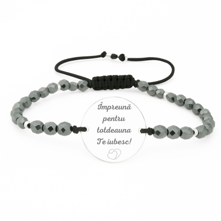 Bratari personalizate cu nume / text - Brățară Argint Personalizată Text, cu Șnur Reglabil, Pietre Hematit Gri 4mm, Bănuț 18 mm