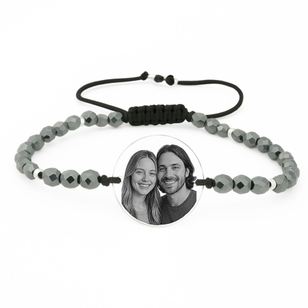 Bratari personalizate cu poza - Brățară Argint Personalizată cu Poză și Mesaj, cu Șnur Reglabil, Pietre Hematit Gri 4mm, Bănuț 18 mm
