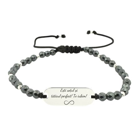 Bratari personalizate cu nume / text - Brățară Argint Personalizată Text, cu Șnur Reglabil, Hematit 4mm, Plăcuță Gravată 23x8 mm