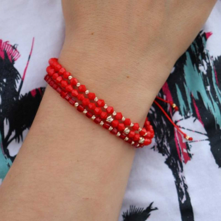 Bratari bilute aur - Bratara aur dama cu snur rosu reglabil si bilute de aur 14K, Cristale Sticla