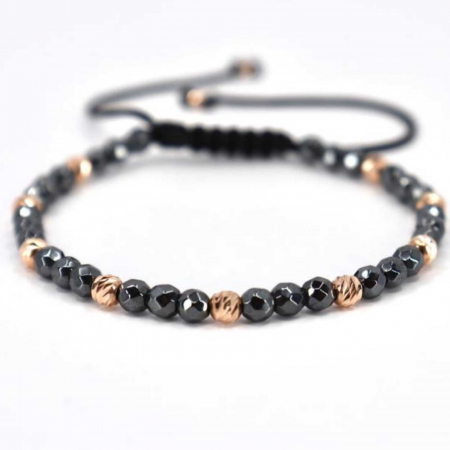 Bratari bilute aur - Bratara aur roz 14K cu bilute si pietre hematit 4 mm, snur reglabil