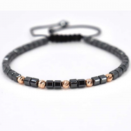Bratari bilute aur - Bratara aur roz 14K cu bilute si pietre hematit cuburi 4 mm, snur reglabil