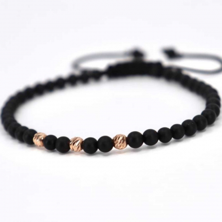 Bratara aur roz 14K cu bilute si pietre onix 4 mm, snur reglabil [4]