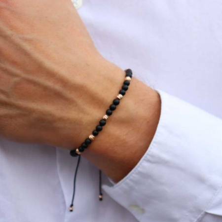 Bratara aur roz 14K cu bilute si pietre semipretioase onix 4 mm, snur ajustabil [2]