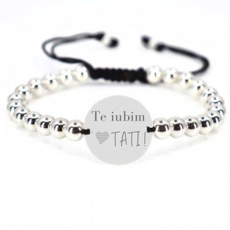 Bratari personalizate cu nume / text - Brățară cu biluțe și bănuț personalizat din Argint 925, șnur împletit