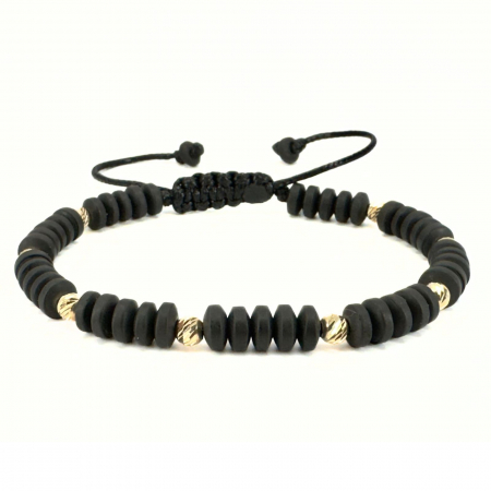 Bratari bilute aur - Brățară Bărbați cu Bile de Aur 14K 4 mm, Hematit Discuri Negru Mat, Șnur Reglabil
