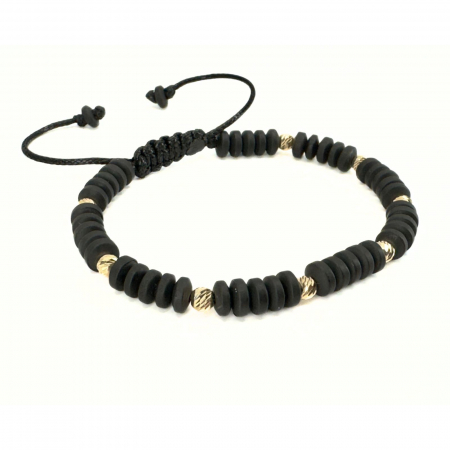 Bratari bilute aur - Brățară Bărbați cu Bile de Aur 14K 4 mm, Hematit Discuri Negru Mat, Șnur Reglabil