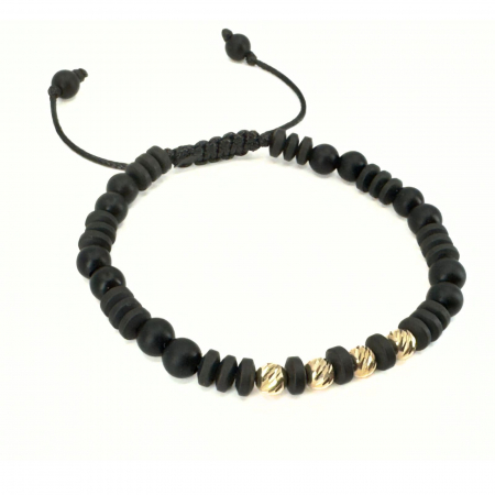 Brățară Bărbați cu Bile de Aur 14K 5 mm, Hematit Discuri și Onix Negru Mat 6mm, Șnur Reglabil [1]