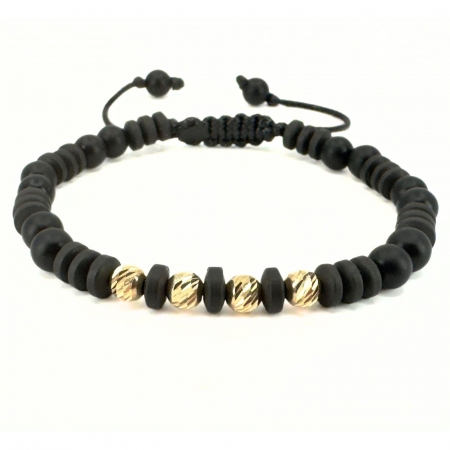 Brățară Bărbați cu Bile de Aur 14K 5 mm, Hematit Discuri și Onix Negru Mat 6mm, Șnur Reglabil [0]