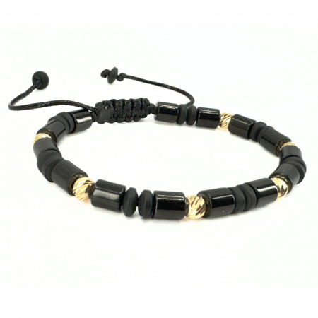 Brățară Bărbați cu Bile de Aur 14K 5 mm, Hematit Negru 6mm, Șnur Reglabil [1]