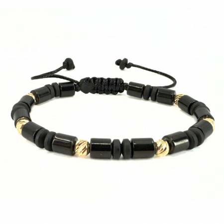 Brățară Bărbați cu Bile de Aur 14K 5 mm, Hematit Negru 6mm, Șnur Reglabil [0]