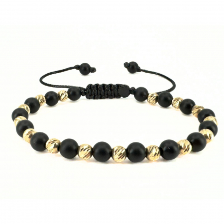 Brățară Bărbați cu Bile de Aur 14K 5 mm, Onix Negru Mat 6mm, Șnur Reglabil [0]