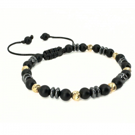 Brățară Bărbați cu Bile de Aur 14K 5 mm, Onix Negru și Hematit Discuri 6mm, Șnur Reglabil [1]