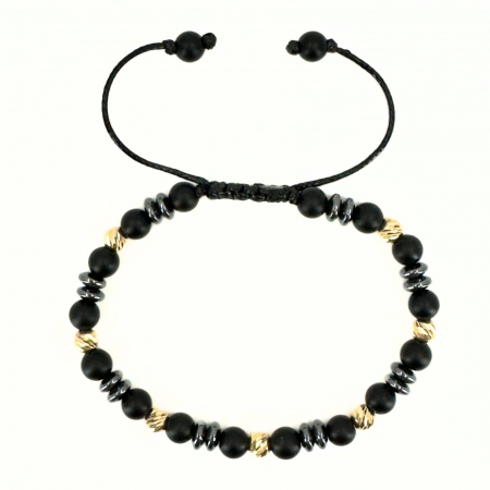 Brățară Bărbați cu Bile de Aur 14K 5 mm, Onix Negru și Hematit Discuri 6mm, Șnur Reglabil [2]