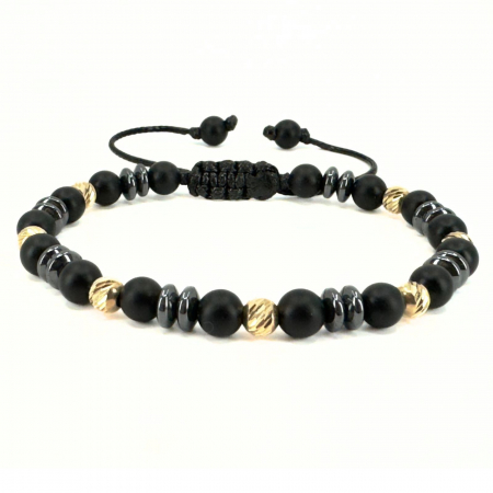 Brățară Bărbați cu Bile de Aur 14K 5 mm, Onix Negru și Hematit Discuri 6mm, Șnur Reglabil [0]