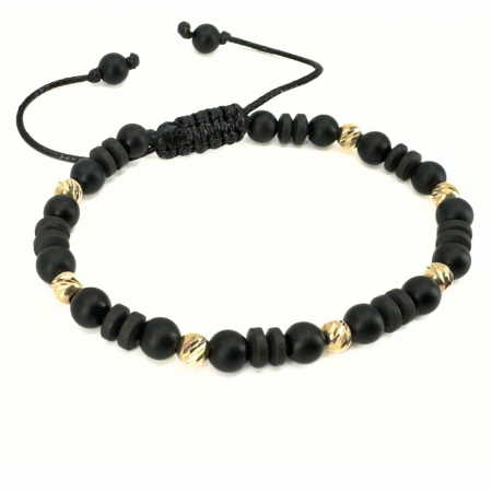 Brățară Bărbați cu Bile de Aur 14K 5 mm, Onix și Hematit Discuri Negru Mat 6mm, Șnur Reglabil [1]