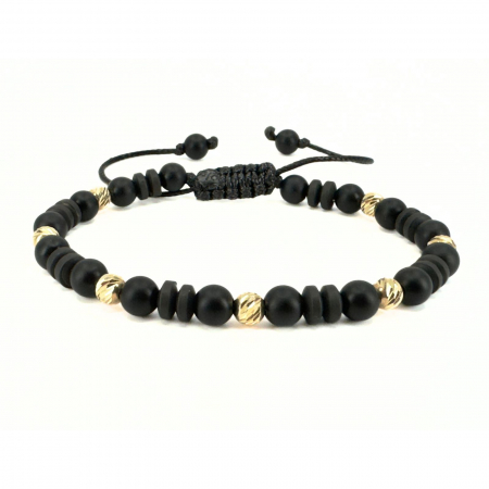 Brățară Bărbați cu Bile de Aur 14K 5 mm, Onix și Hematit Discuri Negru Mat 6mm, Șnur Reglabil [0]