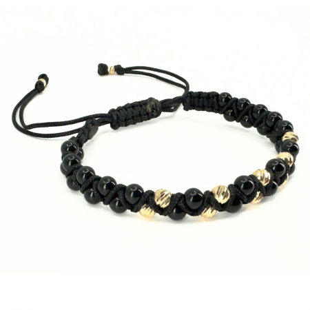 Brățară Bărbați cu Bile de Aur 14K 585, Pietre Semiprețioase Onix, Șnur Împletit Reglabil [2]