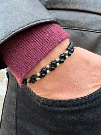 Brățară Bărbați cu Bile de Aur 14K 585, Pietre Semiprețioase Onix, Șnur Împletit Reglabil [1]