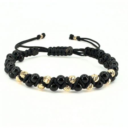 Brățară Bărbați cu Bile de Aur 14K 585, Pietre Semiprețioase Onix, Șnur Împletit Reglabil [0]