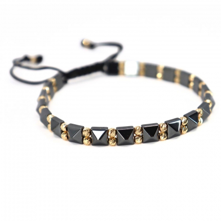 Brățară Bărbați cu Bile de Aur 585 14K, Șnur Reglabil și Hematit Gri Pătrat [2]