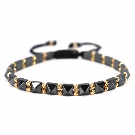 Brățară Bărbați cu Bile de Aur 585 14K, Șnur Reglabil și Hematit Gri Pătrat [3]