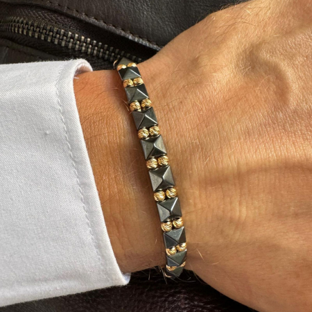 Brățară Bărbați cu Bile de Aur 585 14K, Șnur Reglabil și Hematit Gri Pătrat [1]