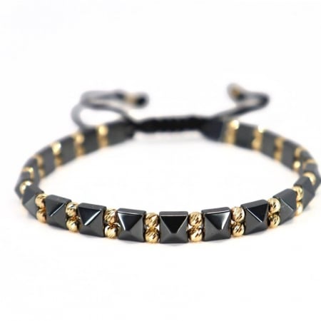 Brățară Bărbați cu Bile de Aur 585 14K, Șnur Reglabil și Hematit Gri Pătrat [0]