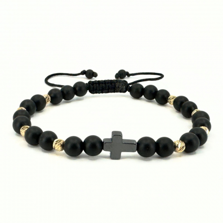 Bijuterii Religioase - Brățară Bărbați cu Cruciuliță și Bile Aur 14K, Pietre Onix 6 mm, Șnur Reglabil