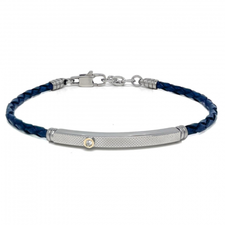 Bratari cu diamante - Brățară Bărbați cu Diamant 0.015 ct și Aur 18K, din Piele Albastră și Oțel Inoxidabil