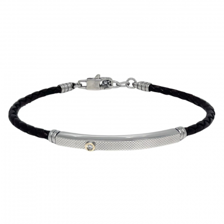 Bratari cu diamante - Brățară Bărbați cu Diamant 0.015 ct și Aur 18K, din Piele Neagră și Oțel Inoxidabil