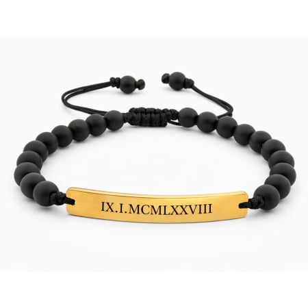 BIJUTERII OTEL INOXIDABIL - Brățară Bărbați cu Onix Mat 6mm, Șnur și Plăcuță Aurie Personalizată – Inox – Gravură Laser