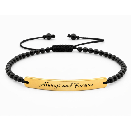 BIJUTERII OTEL INOXIDABIL - Brățară Bărbați cu Onix, Șnur și Plăcuță Aurie Personalizată – Inox – Gravură Laser