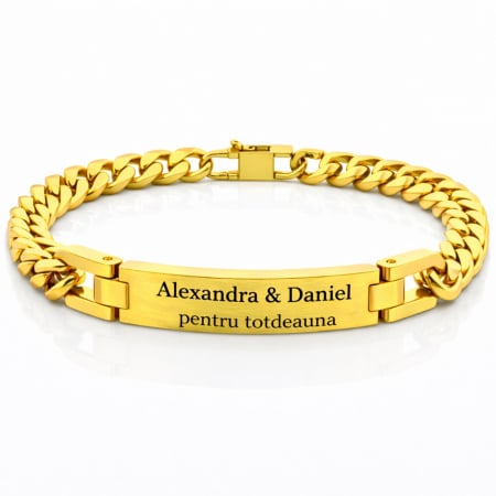 BIJUTERII OTEL INOXIDABIL - Brățară Bărbați cu Plăcuță Personalizată - Oțel Inoxidabil Auriu - Gravură Laser cu Garanție pe Viață