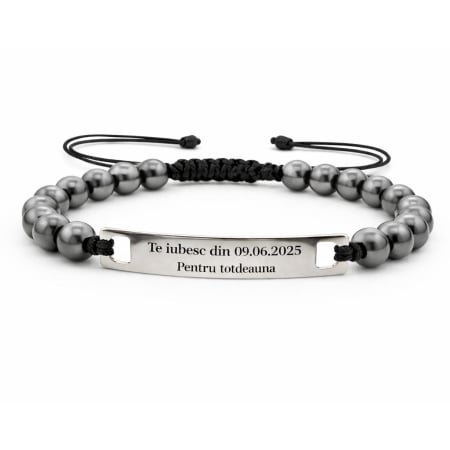 BRATARI - Brățară Bărbați cu Șnur, Pietre Hematit 6mm și Plăcuță Inox Personalizată Gravură Laser