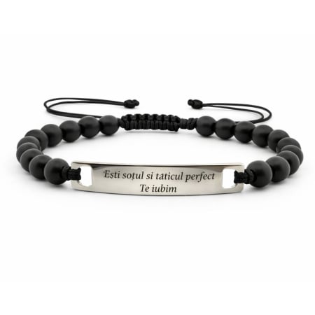 BIJUTERII OTEL INOXIDABIL - Brățară Bărbați cu Șnur, Pietre Onix 6mm și Plăcuță Inox Personalizată Gravură Laser